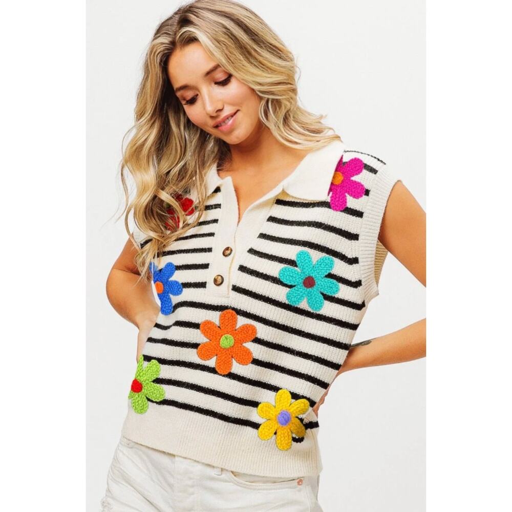 Bibi Striped Floral Patch Applique Sweater Vest Size Large